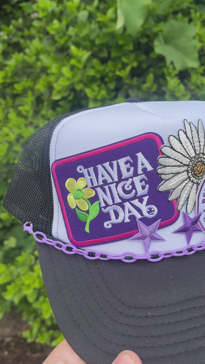 Foam Trucker Hat  - Berkshire Hathaway - Have a Nice Day - Flower - Stars - Purple Plastic Chain